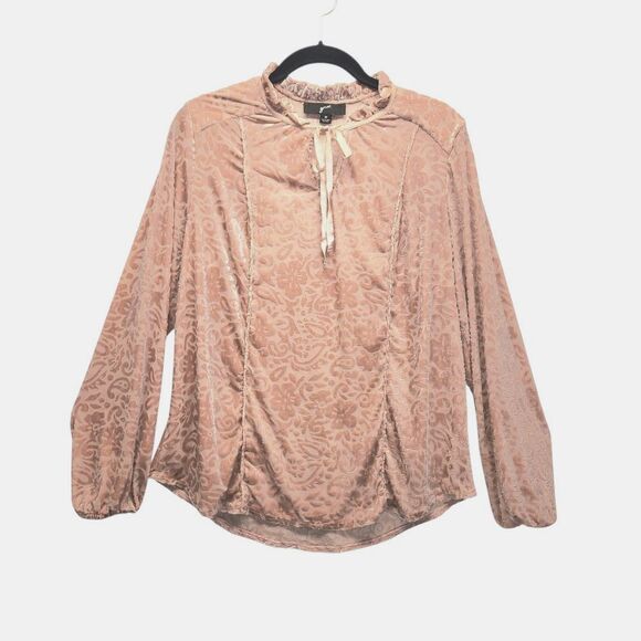 Blush Burnout Velvet Ruffled Stretch Top w/Keyhole Tie Neck Size Med Feminine - Picture 1 of 7